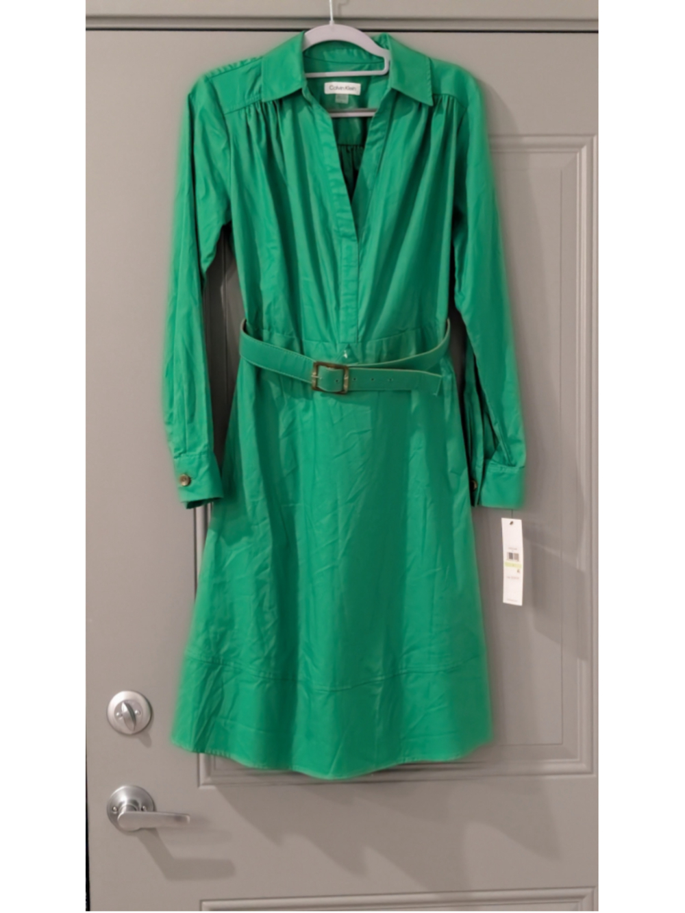 Calvin Klein Fern Green Belted V-Neck A-Line Shirtdress Size 4 NWT